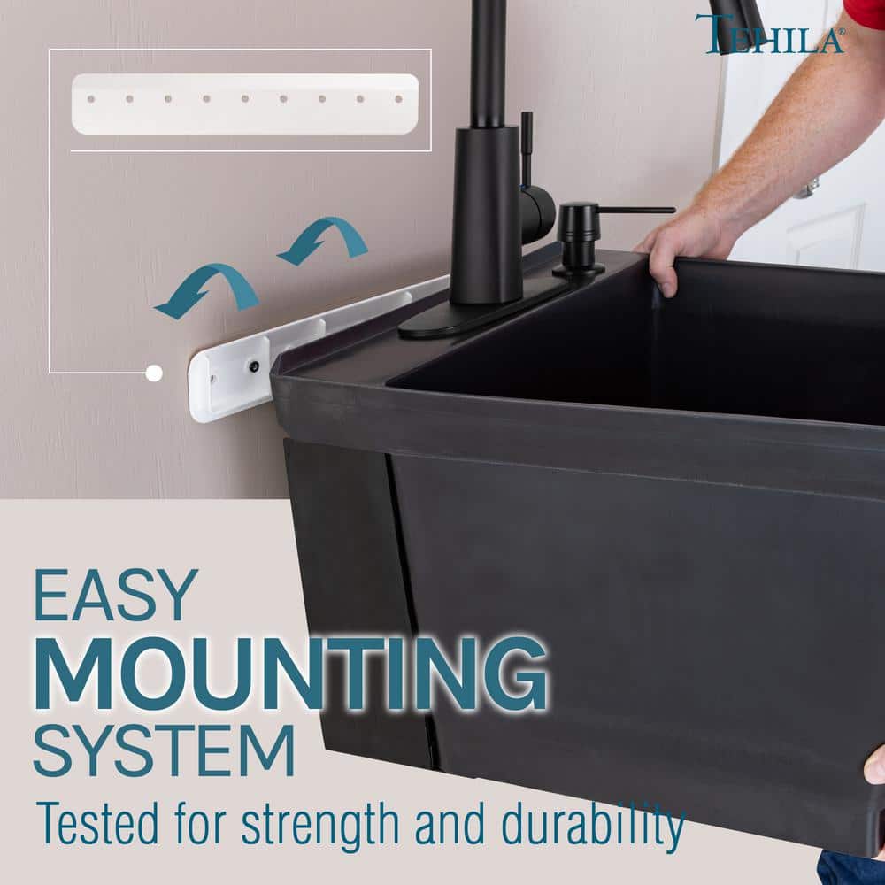 TEHILA 23.5 in. Black Thermoplastic Wall Mounted Utility Sink with Pull-down Sprayer Faucet