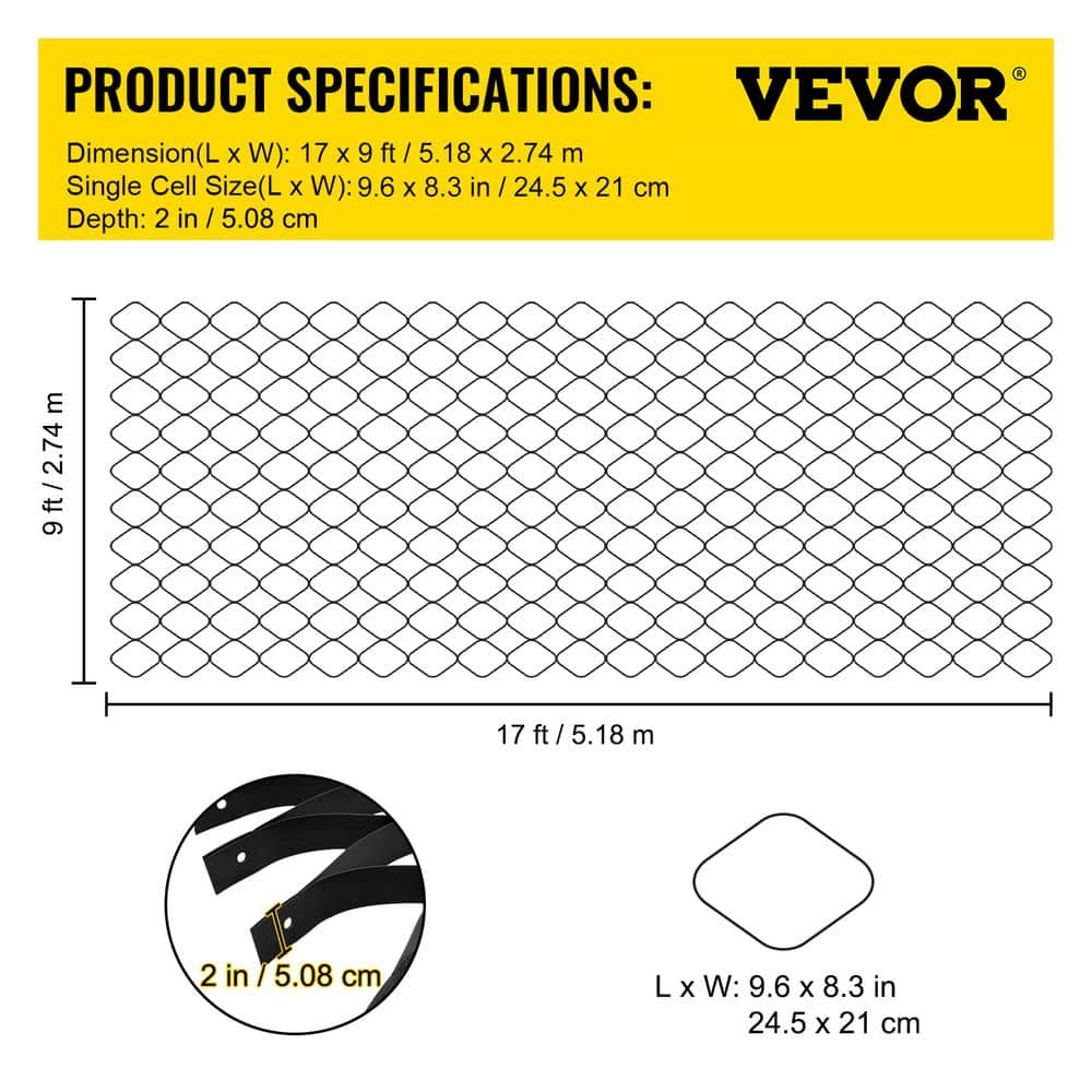 VEVOR Gravel Grid 9 ft. W x 17 ft. L x 2 in. H Geocell Ground Grid 1885 LBS Per Sq Patio Ground Grid Paver for Slope Driveways