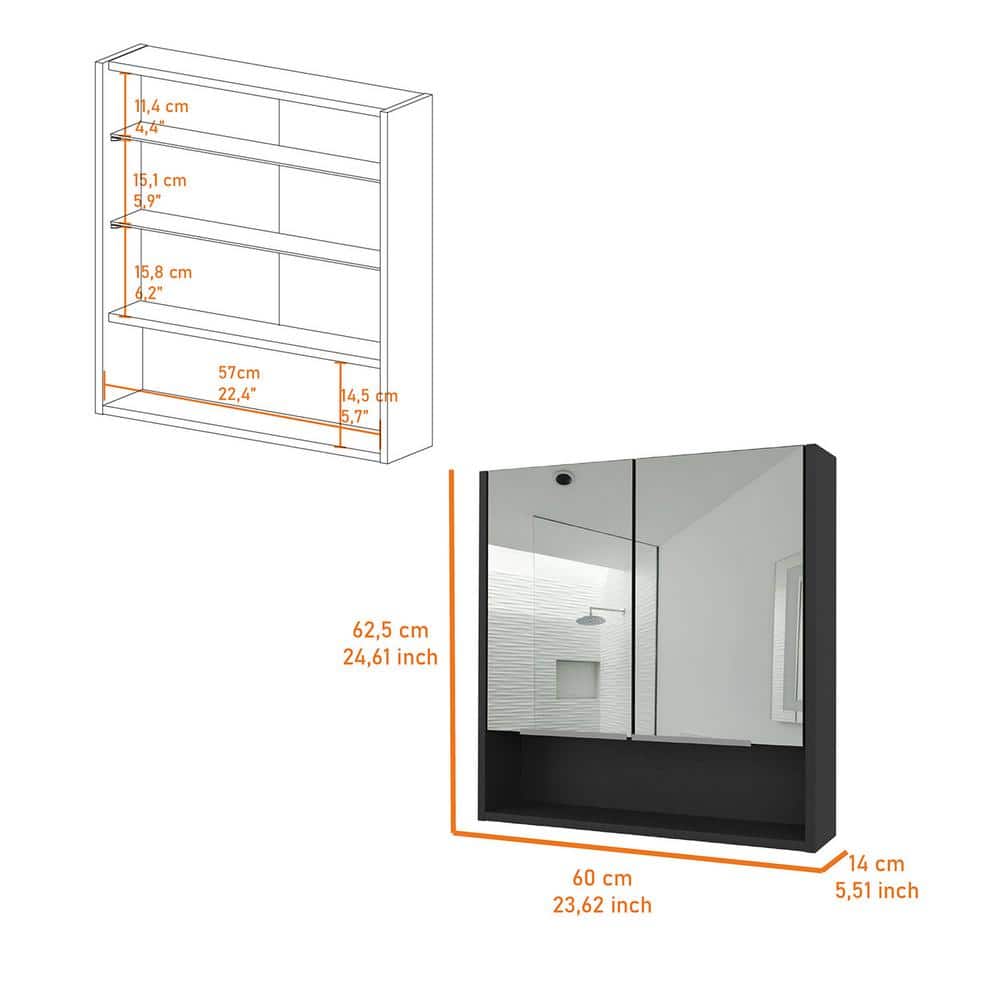 Aoibox 23.6 in. W x 24.6 in. H Rectangular Wood Medicine Cabinet with Mirror, 3 Internal Shelves in Black Wengue