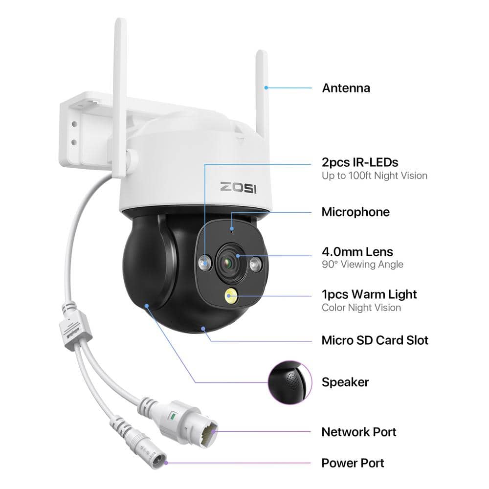 ZOSI 360-Degree PTZ 4 MP 2.5K Wi-Fi Outdoor Wireless Home Security Camera, AI Person Vehicle Detection, Color Night Vision