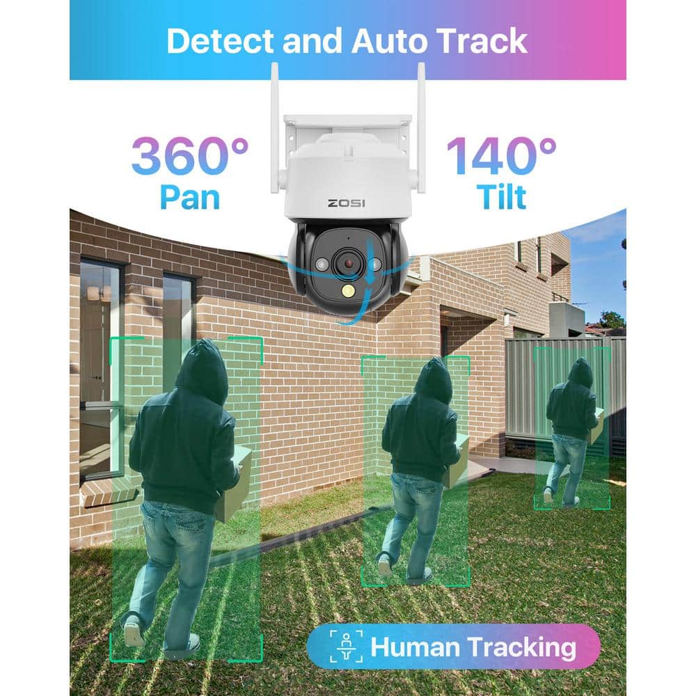 ZOSI 360-Degree PTZ 4 MP 2.5K Wi-Fi Outdoor Wireless Home Security Camera, AI Person Vehicle Detection, Color Night Vision