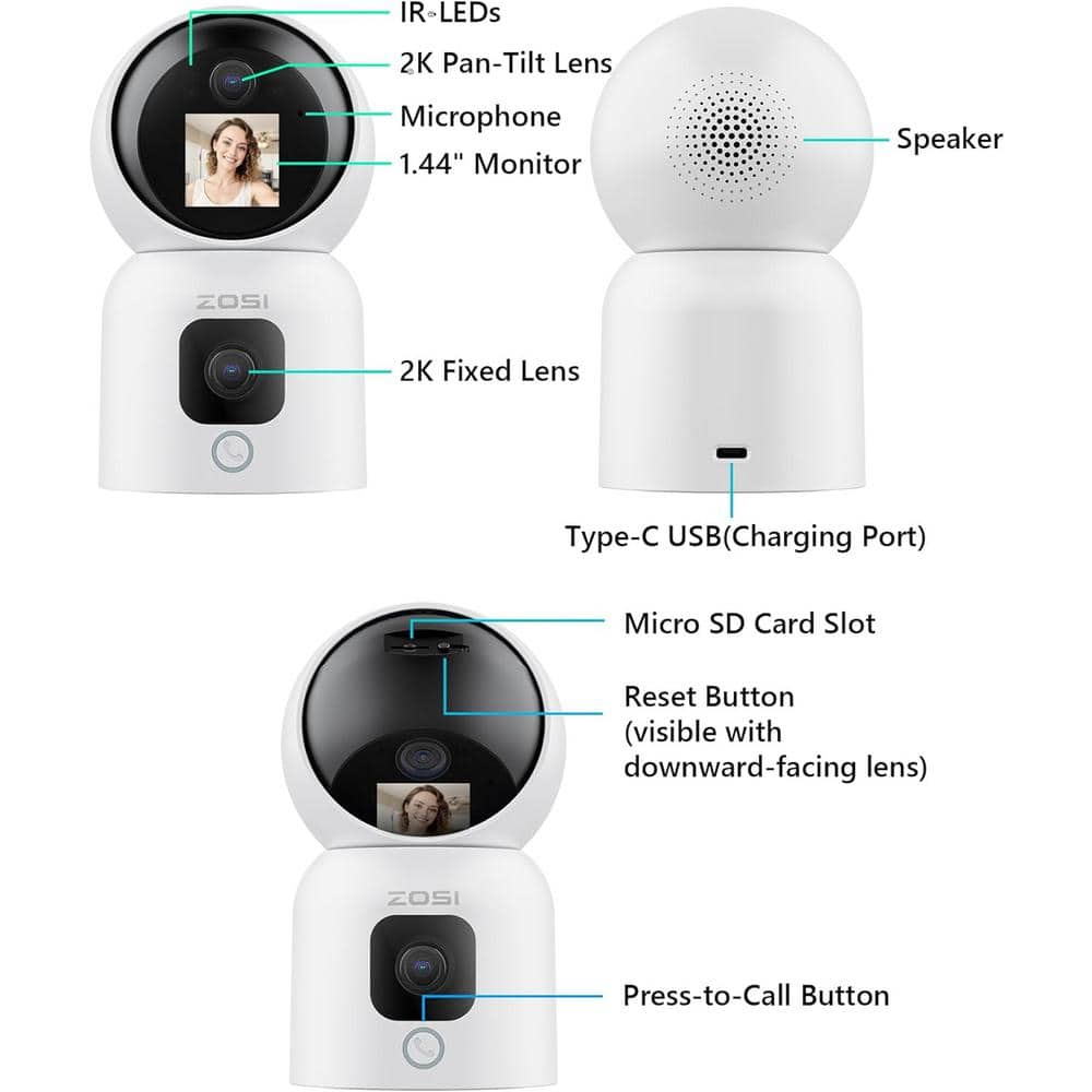 ZOSI C528M 6MP(2x3MP) Wired Indoor Plug-in Smart Home Security Camera 360 PT Baby Pet Monitor 1-Touch Call 2.4G/5G (2-Pack)