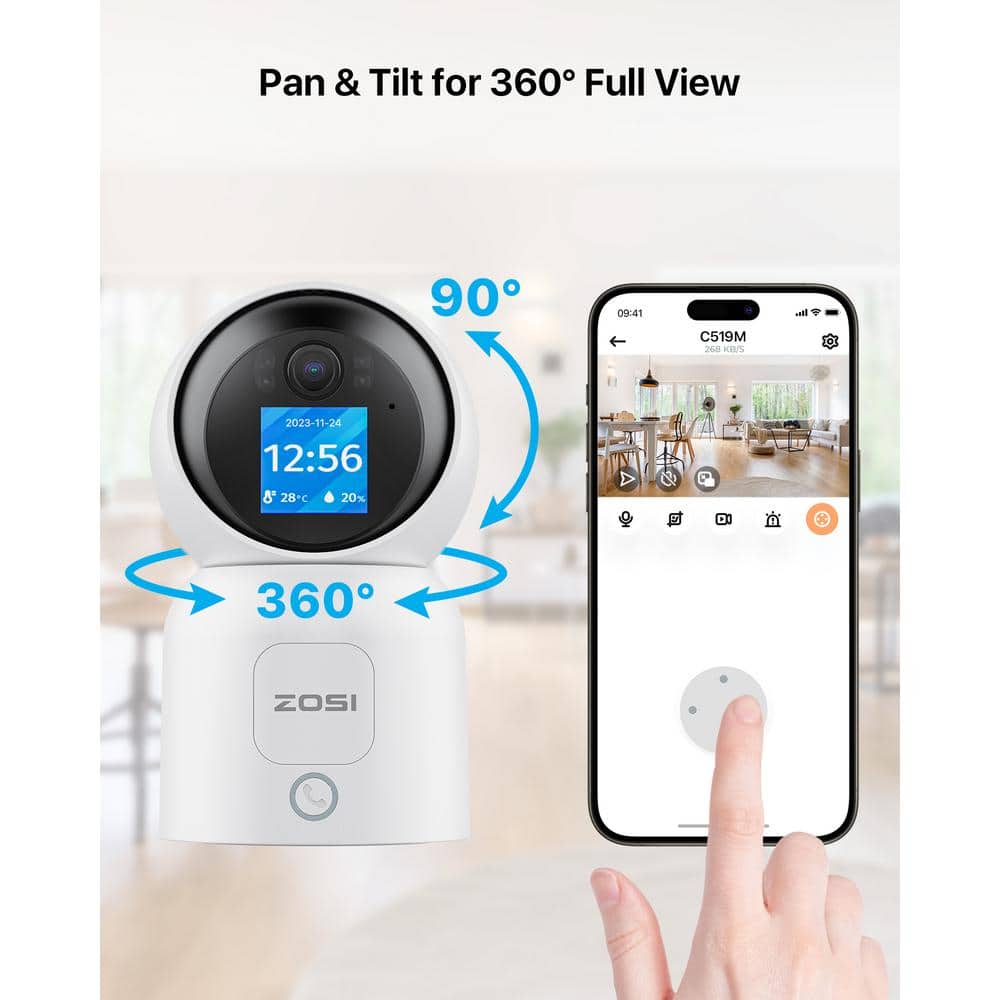 ZOSI Wired C519M 2.5K 4 MP Indoor Smart Home Security Camera, 360-Degree PT Baby/Pet Dog Monitor, 1-Touch Call, 2-Way Audio