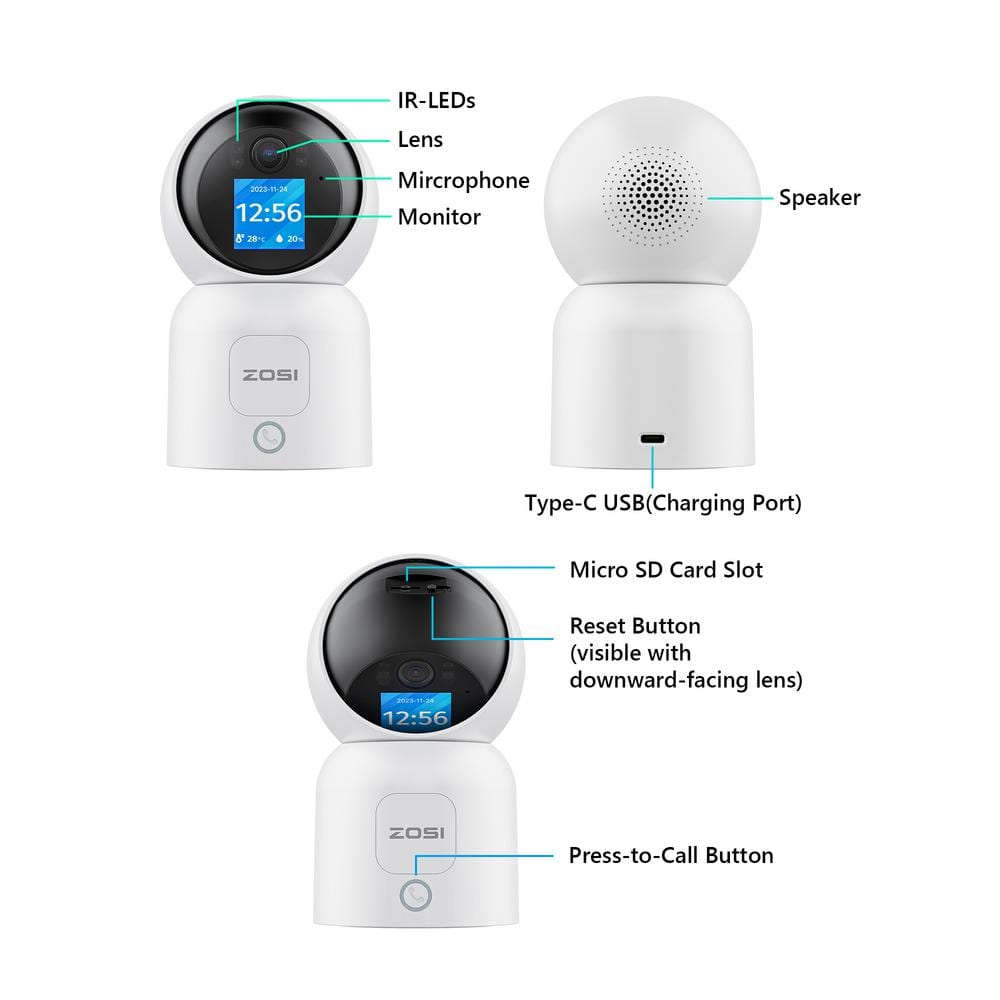 ZOSI Wired C519M 2.5K 4 MP Indoor Smart Home Security Camera, 360-Degree PT Baby/Pet Dog Monitor, 1-Touch Call, 2-Way Audio