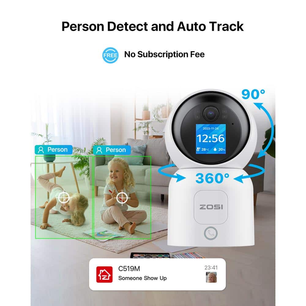 ZOSI Wired C519M 2.5K 4 MP Indoor Smart Home Security Camera, 360-Degree PT Baby/Pet Dog Monitor, 1-Touch Call, 2-Way Audio