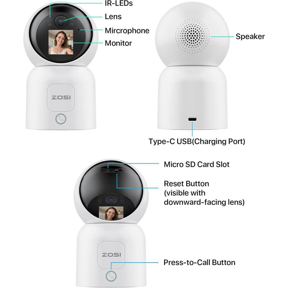 ZOSI Wired 3K 5MP Plug-in Indoor Smart Security Camera, 360 PT Baby/Pet Monitor, One-Touch Call, 2-Way Video, 2.4/5GHz
