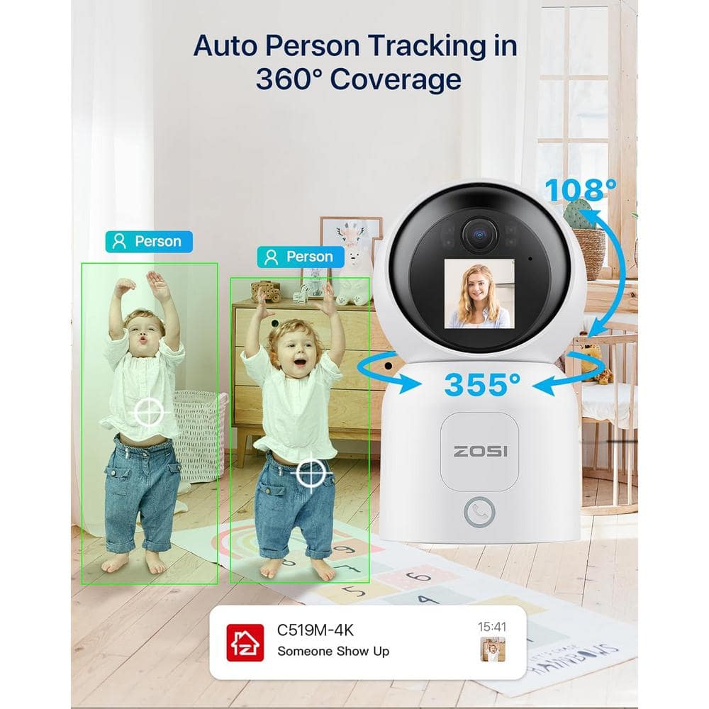 ZOSI 4K 8MP Plug-in Smart Home Security Camera Indoor, 360° PT Baby/Pet Monitor, One-Touch Call, 2-Way Video, 2.4/5GHz