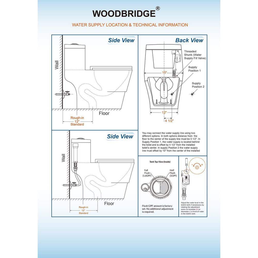 WOODBRIDGE 1-Piece 1.0/1.6 GPF High-Efficiency Dual-Flush Elongated Toilet, Black with Chrome Button, Soft-Close Seat Included