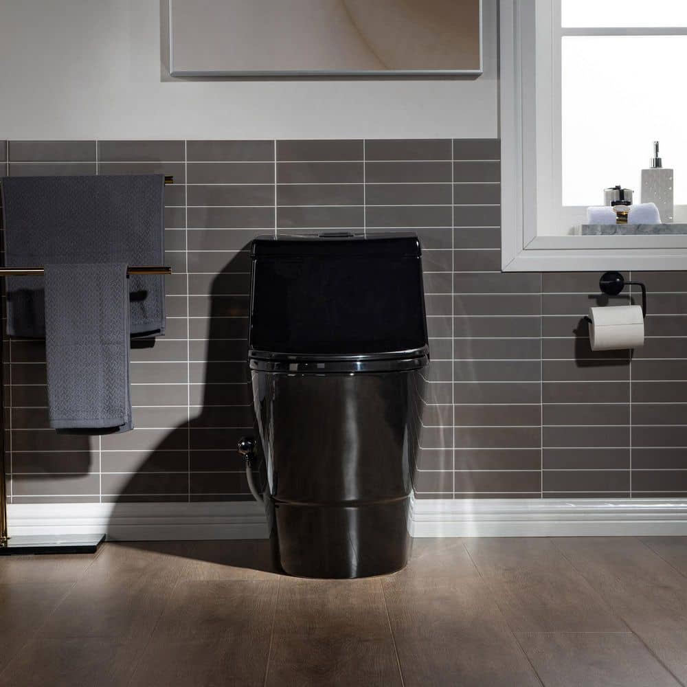 WOODBRIDGE 1-Piece 1.0/1.6 GPF High-Efficiency Dual-Flush Elongated Toilet, Black with Chrome Button, Soft-Close Seat Included