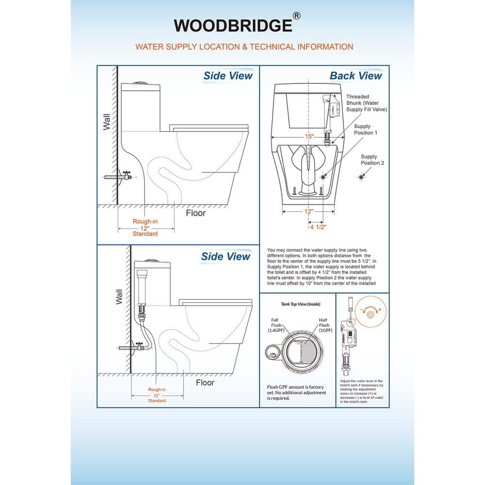 WOODBRIDGE 1-Piece 1.0/1.6 GPF High-Efficiency Dual-Flush Elongated Toilet, Black with Chrome Button, Soft-Close Seat Included