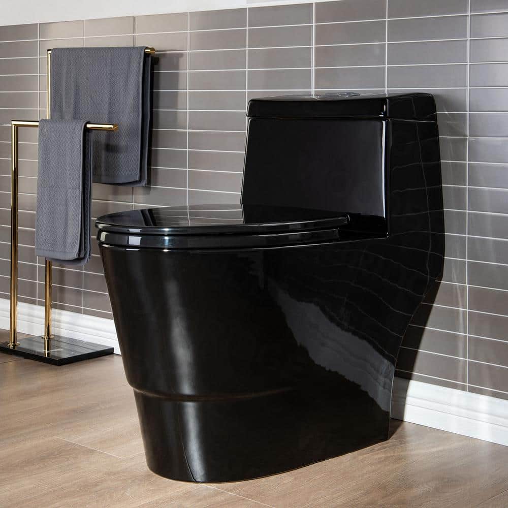 WOODBRIDGE 1-Piece 1.0/1.6 GPF High-Efficiency Dual-Flush Elongated Toilet, Black with Chrome Button, Soft-Close Seat Included
