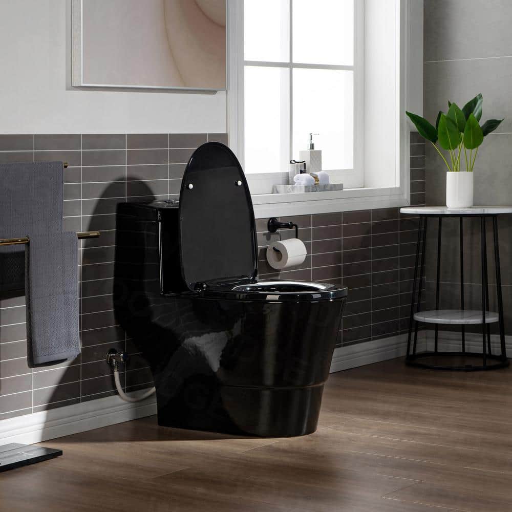WOODBRIDGE 1-Piece 1.0/1.6 GPF High-Efficiency Dual-Flush Elongated Toilet, Black with Chrome Button, Soft-Close Seat Included