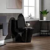 WOODBRIDGE 1-Piece 1.0/1.6 GPF High-Efficiency Dual-Flush Elongated Toilet, Black with Chrome Button, Soft-Close Seat Included