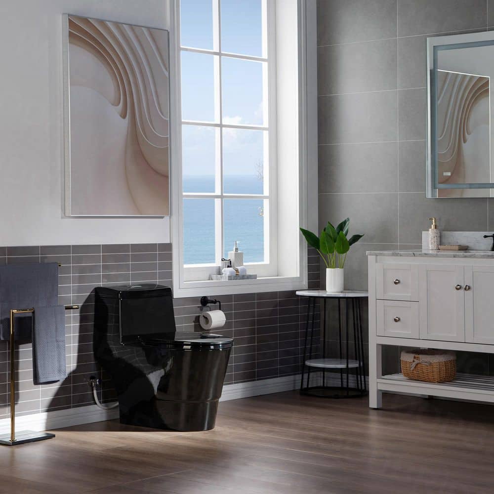 WOODBRIDGE 1-Piece 1.0/1.6 GPF High-Efficiency Dual-Flush Elongated Toilet, Black with Chrome Button, Soft-Close Seat Included