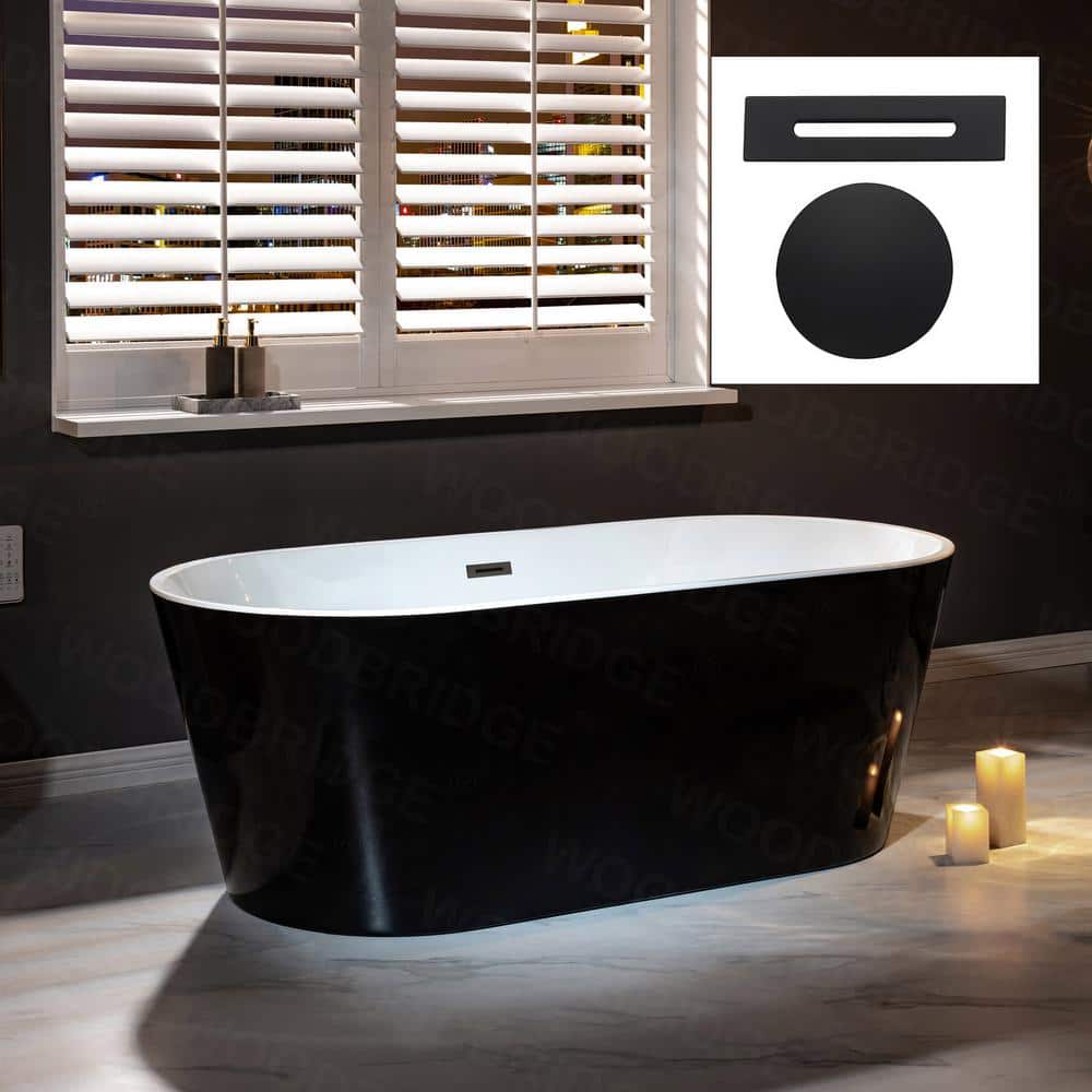 WOODBRIDGE Piscataway 67 in. Acrylic FlatBottom Double-Ended Freestanding Bathtub with Matte Black Overflow and Drain, Black