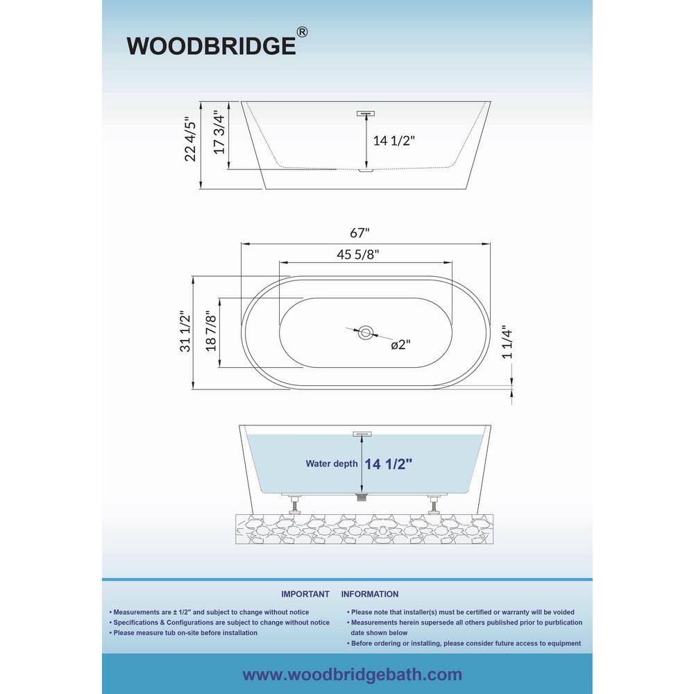 WOODBRIDGE Piscataway 67 in. Acrylic FlatBottom Double-Ended Freestanding Bathtub with Matte Black Overflow and Drain, Black