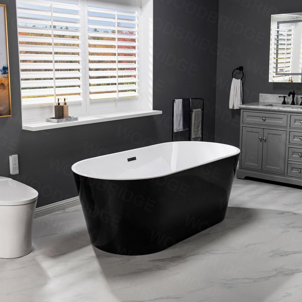 WOODBRIDGE Piscataway 67 in. Acrylic FlatBottom Double-Ended Freestanding Bathtub with Matte Black Overflow and Drain, Black