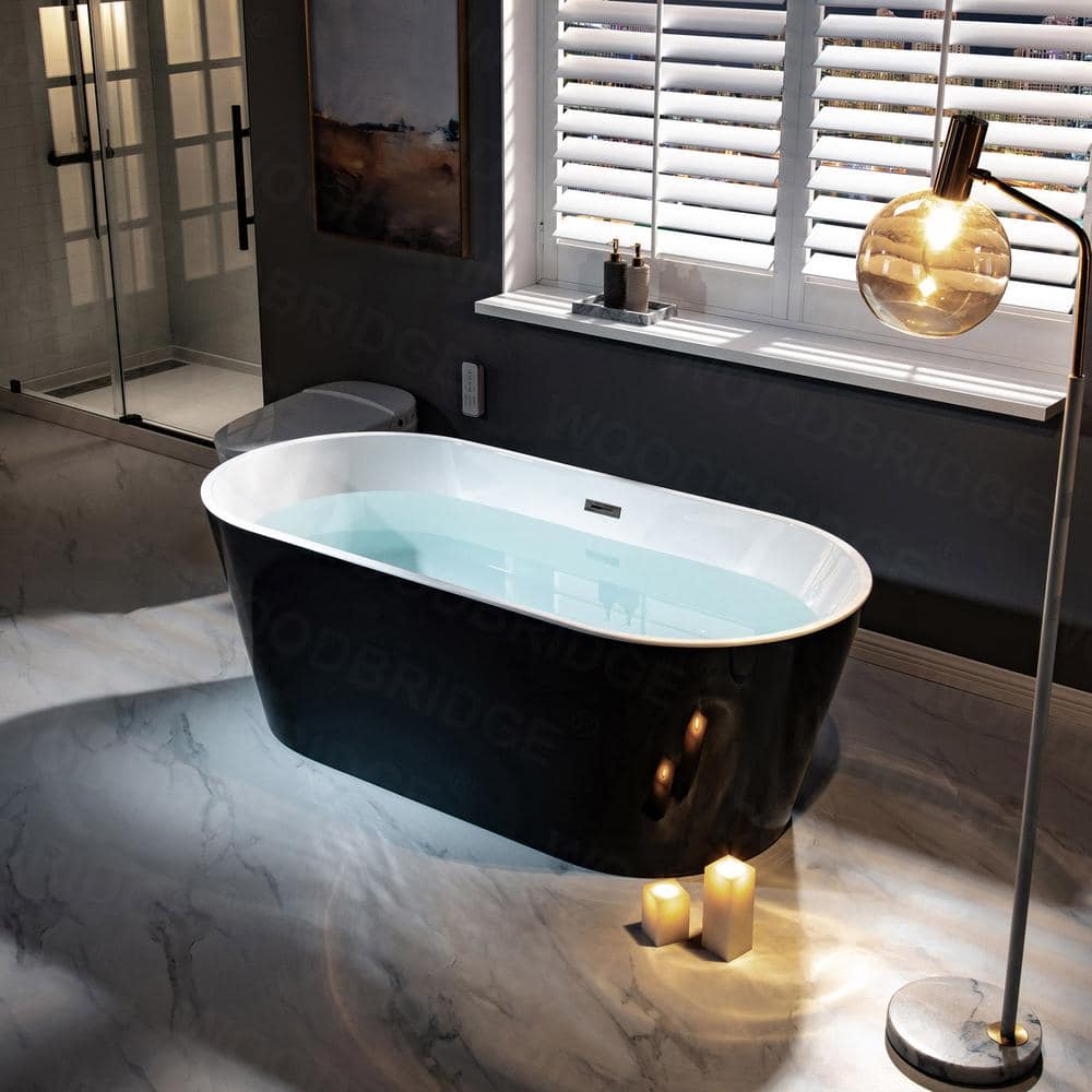 WOODBRIDGE Piscataway 67 in. Acrylic FlatBottom Double-Ended Freestanding Bathtub with Matte Black Overflow and Drain, Black