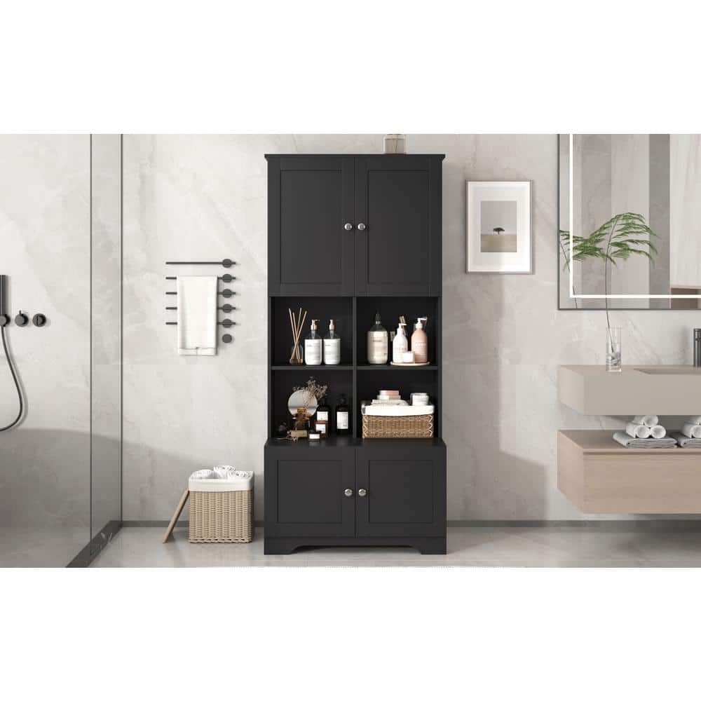 Wyndham Collection Black Linen Cabinet with Adjustable Shelves, 31x16x67 Inches