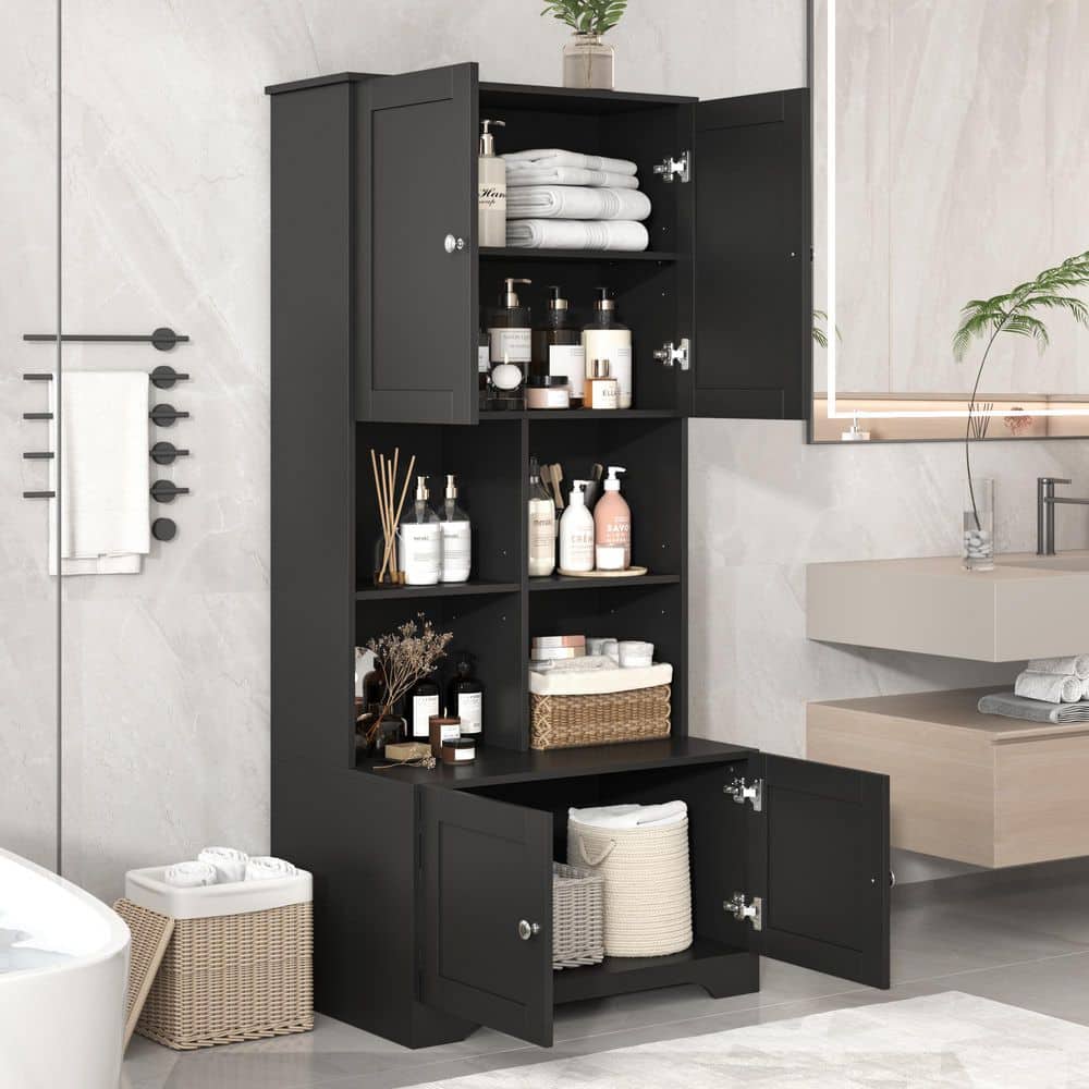 Wyndham Collection Black Linen Cabinet with Adjustable Shelves, 31x16x67 Inches