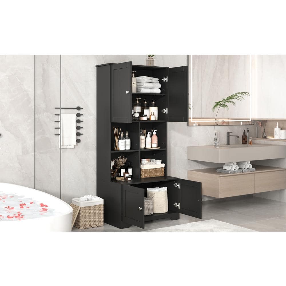 Wyndham Collection Black Linen Cabinet with Adjustable Shelves, 31x16x67 Inches