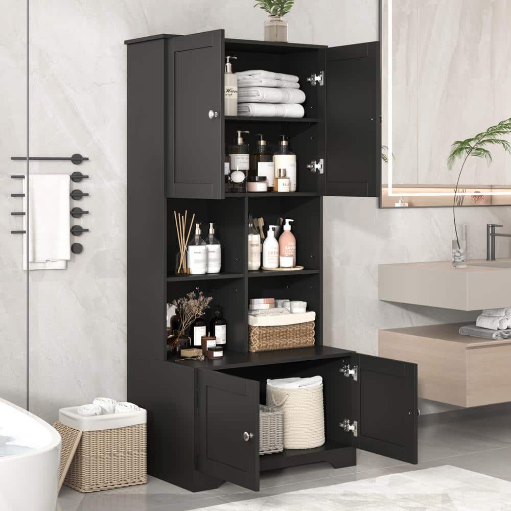 Wyndham Collection Black Linen Cabinet with Adjustable Shelves, 31x16x67 Inches