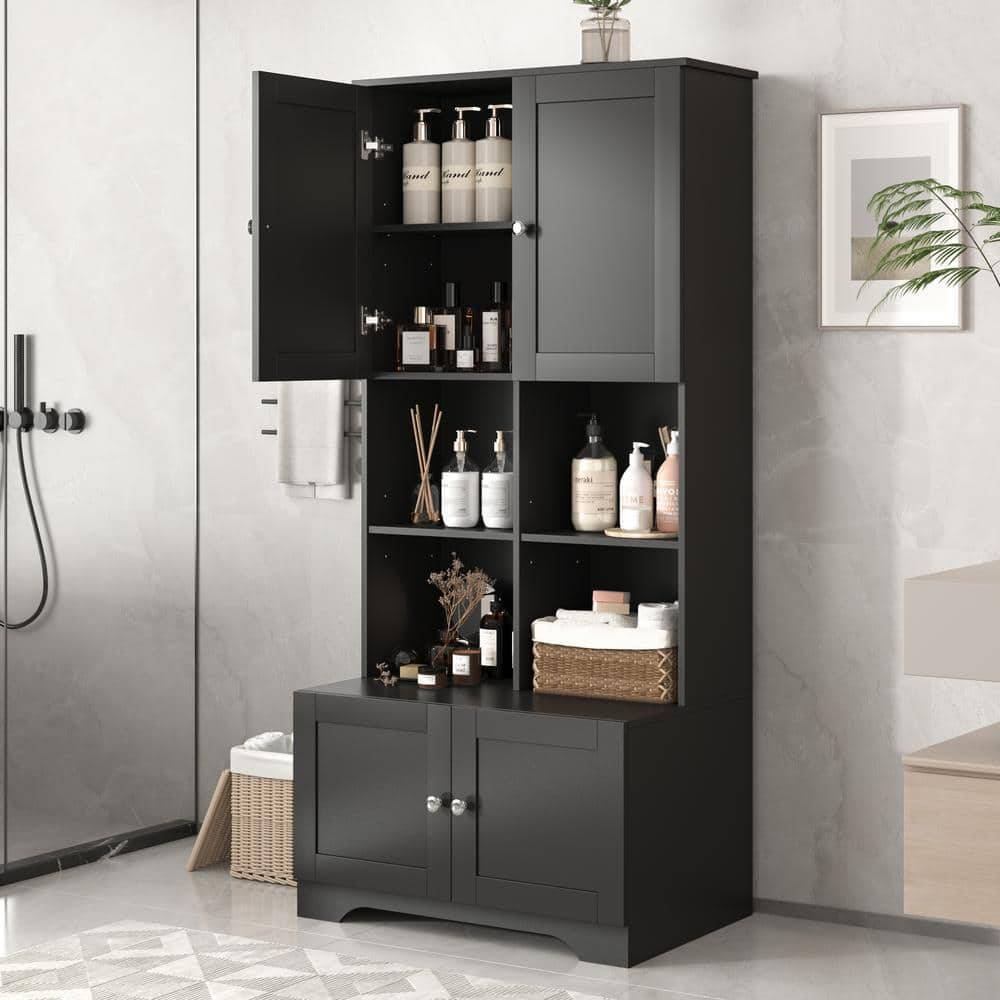 Wyndham Collection Black Linen Cabinet with Adjustable Shelves, 31x16x67 Inches