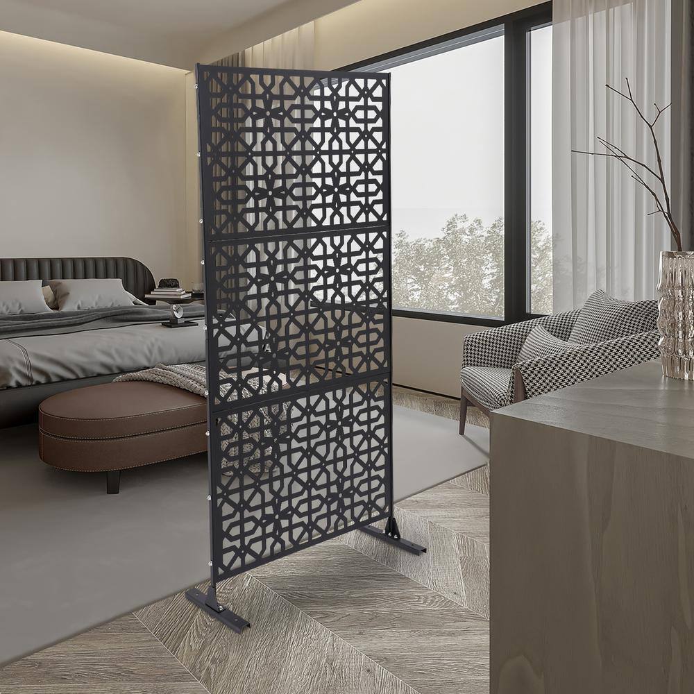 YIYIBYUS 6.2 ft. x 2.9 ft. Black Steel Privacy Screen Freestanding Outdoor/Indoor Adjustable Height Decorative Privacy Screen
