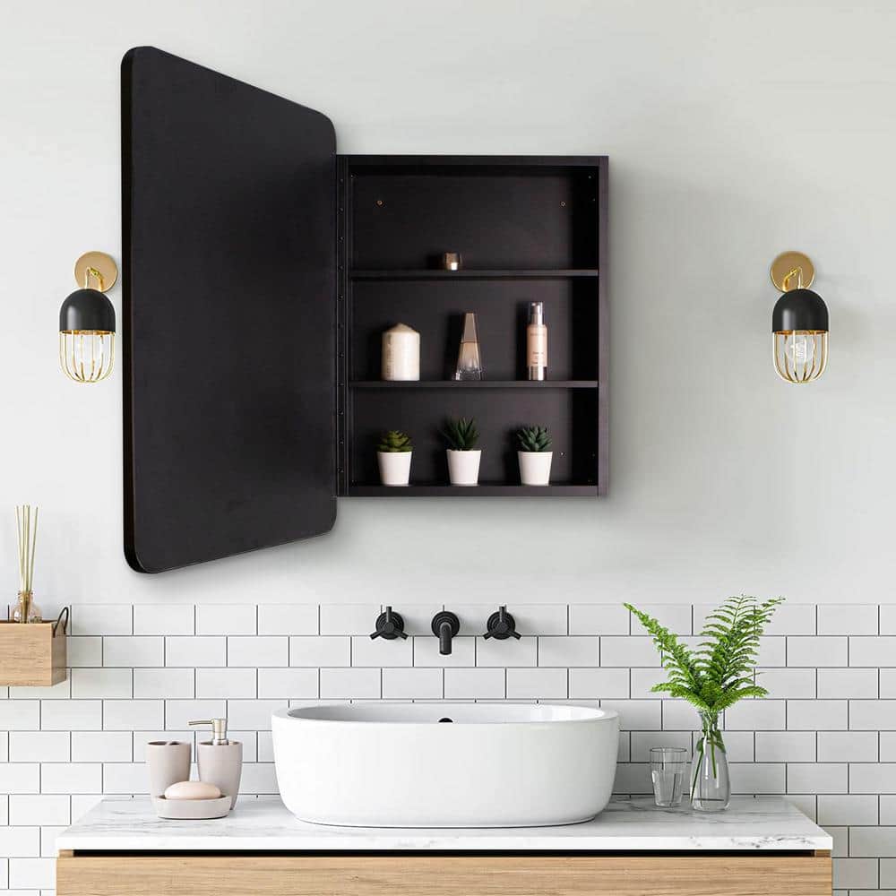 Zeus & Ruta 24 in. W x 30 in. H Rectangular Black Metal Framed Wall Recessed/Surface Mount Bathroom Medicine Cabinet with Mirror