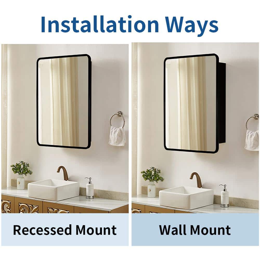 Zeus & Ruta 24 in. W x 30 in. H Rectangular Black Metal Framed Wall Recessed/Surface Mount Bathroom Medicine Cabinet with Mirror