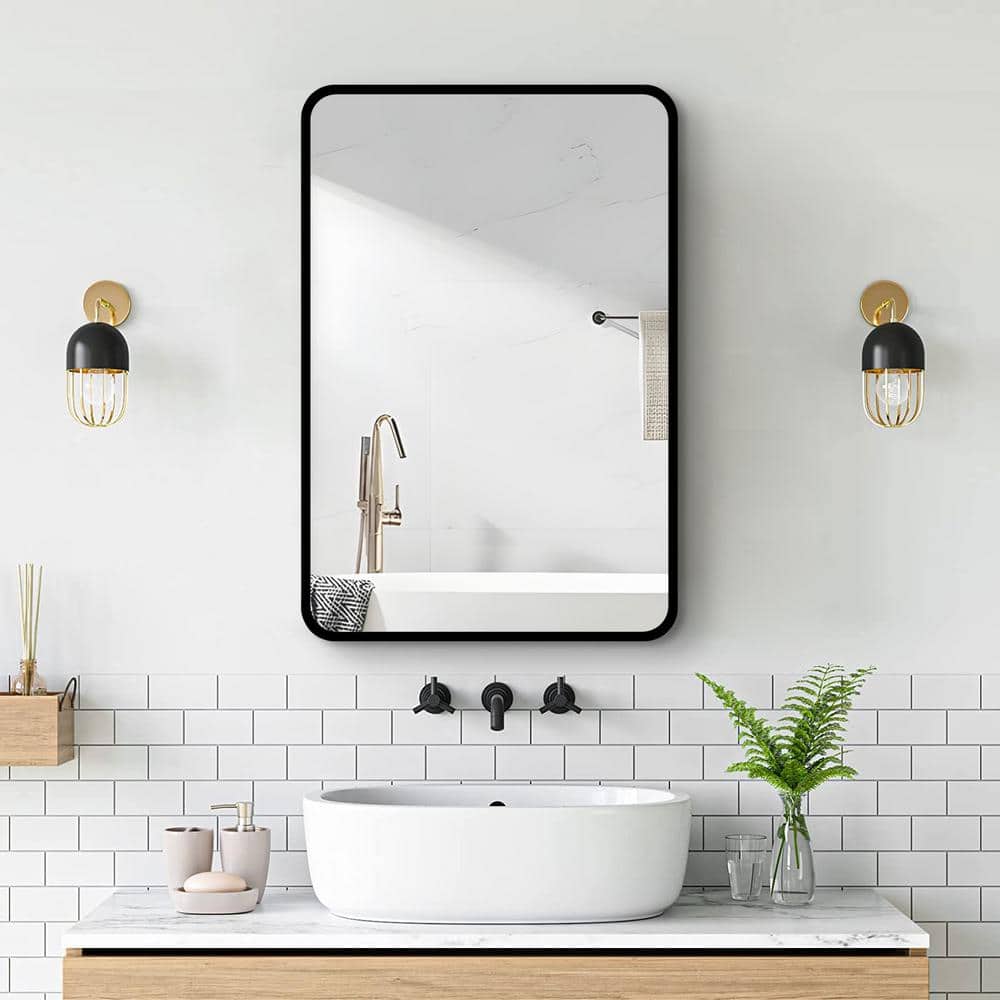 Zeus & Ruta 24 in. W x 30 in. H Rectangular Black Metal Framed Wall Recessed/Surface Mount Bathroom Medicine Cabinet with Mirror