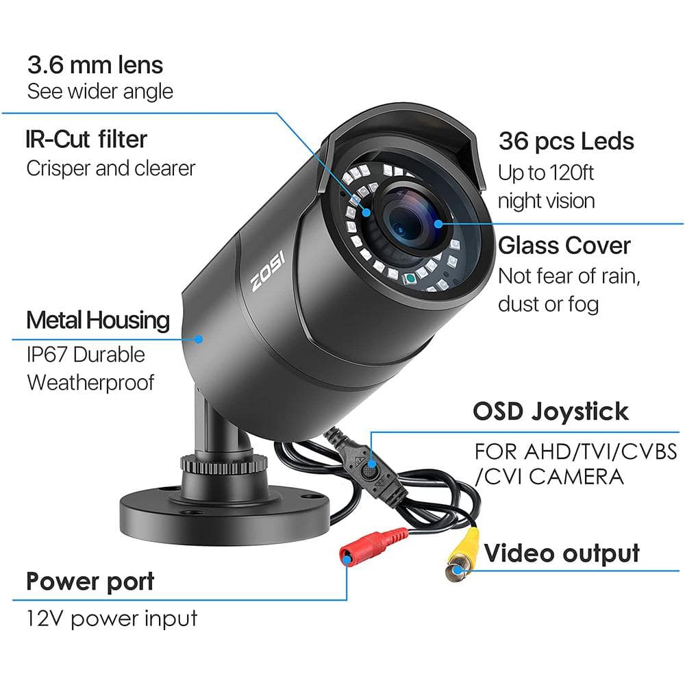 ZOSI Wired 1080p HD Outdoor Home Security Camera 4-In-1 TVI/CVI/AHD/CVBS For 960H, 720P, 1080P, 5MP, 4K Analog CCTV DVR