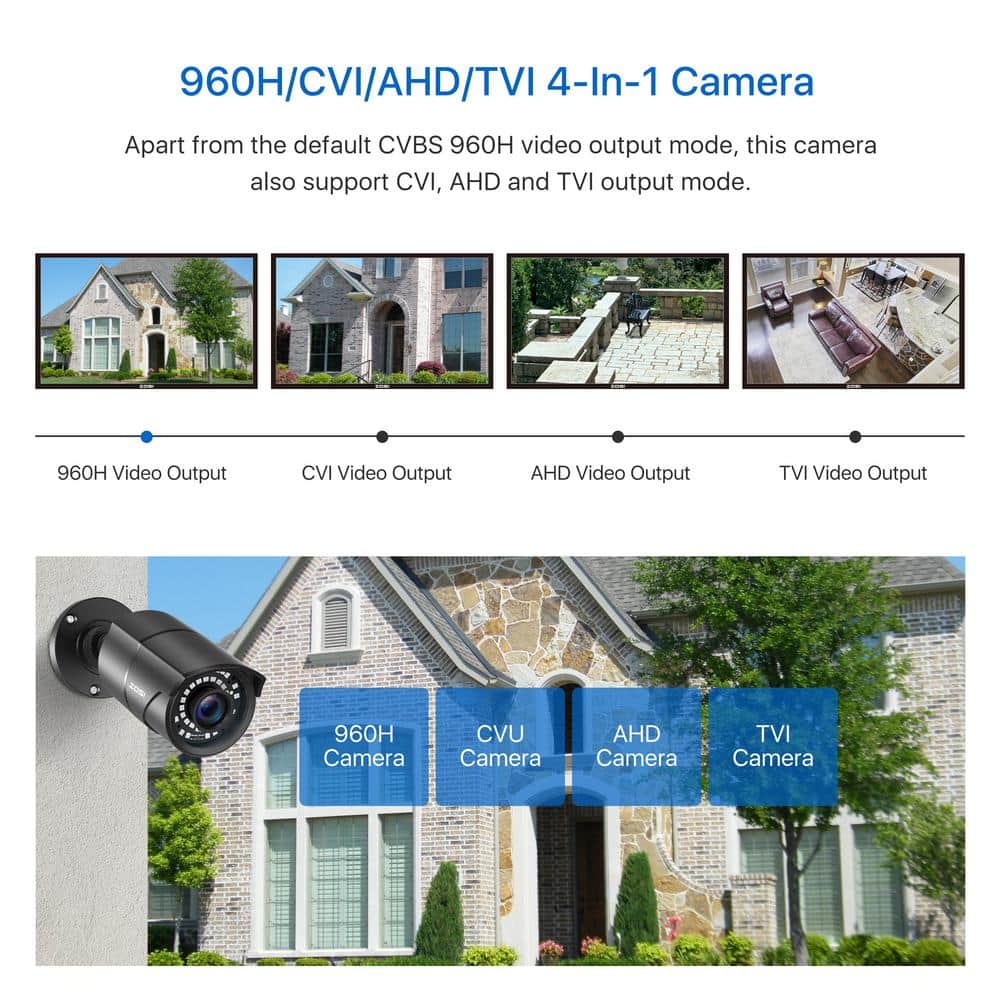 ZOSI Wired 1080p HD Outdoor Home Security Camera 4-In-1 TVI/CVI/AHD/CVBS For 960H, 720P, 1080P, 5MP, 4K Analog CCTV DVR