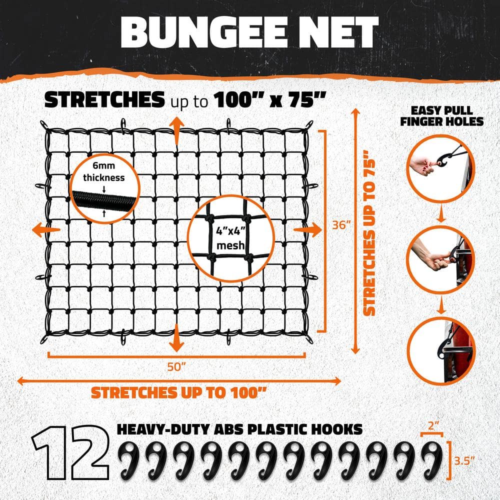 Mockins 50 in. x 36 in. Heavy-Duty Bungee Net, Stretches to 100 in. x 75 in.