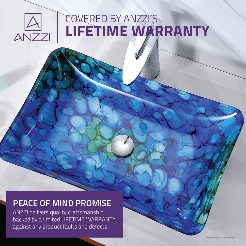 ANZZI Voce Series Rectangular Deco-Glass Vessel Sink in Lustrous Blue, 22.5 x 14.5 x 4.3 in.