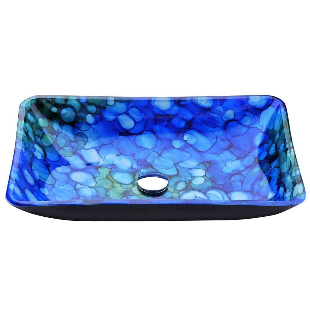 ANZZI Voce Series Rectangular Deco-Glass Vessel Sink in Lustrous Blue, 22.5 x 14.5 x 4.3 in.