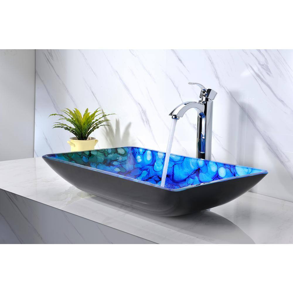 ANZZI Voce Series Rectangular Deco-Glass Vessel Sink in Lustrous Blue, 22.5 x 14.5 x 4.3 in.