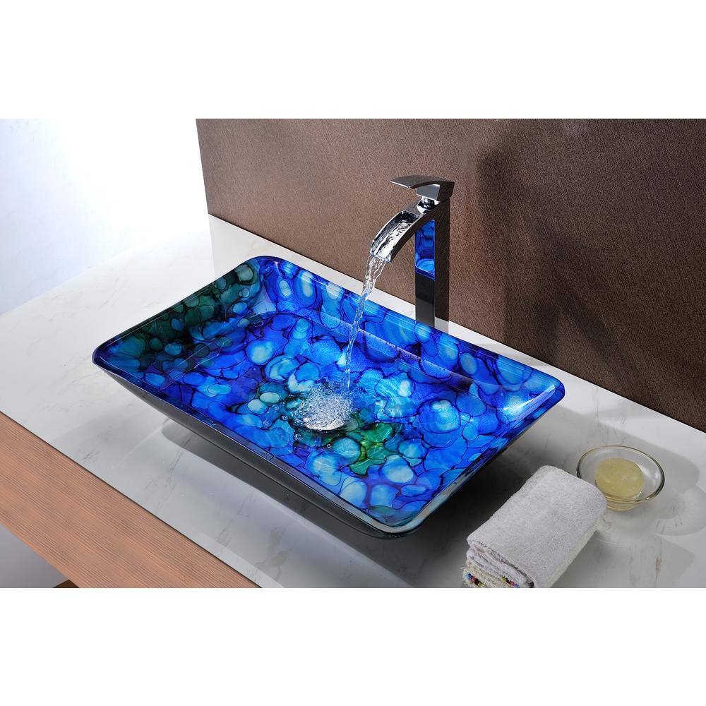 ANZZI Voce Series Rectangular Deco-Glass Vessel Sink in Lustrous Blue, 22.5 x 14.5 x 4.3 in.