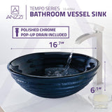 ANZZI Tempo Series Deco-Glass Vessel Sink, Coiled/Lustrous Blue, 16.75 in. Round with Pop-Up Drain