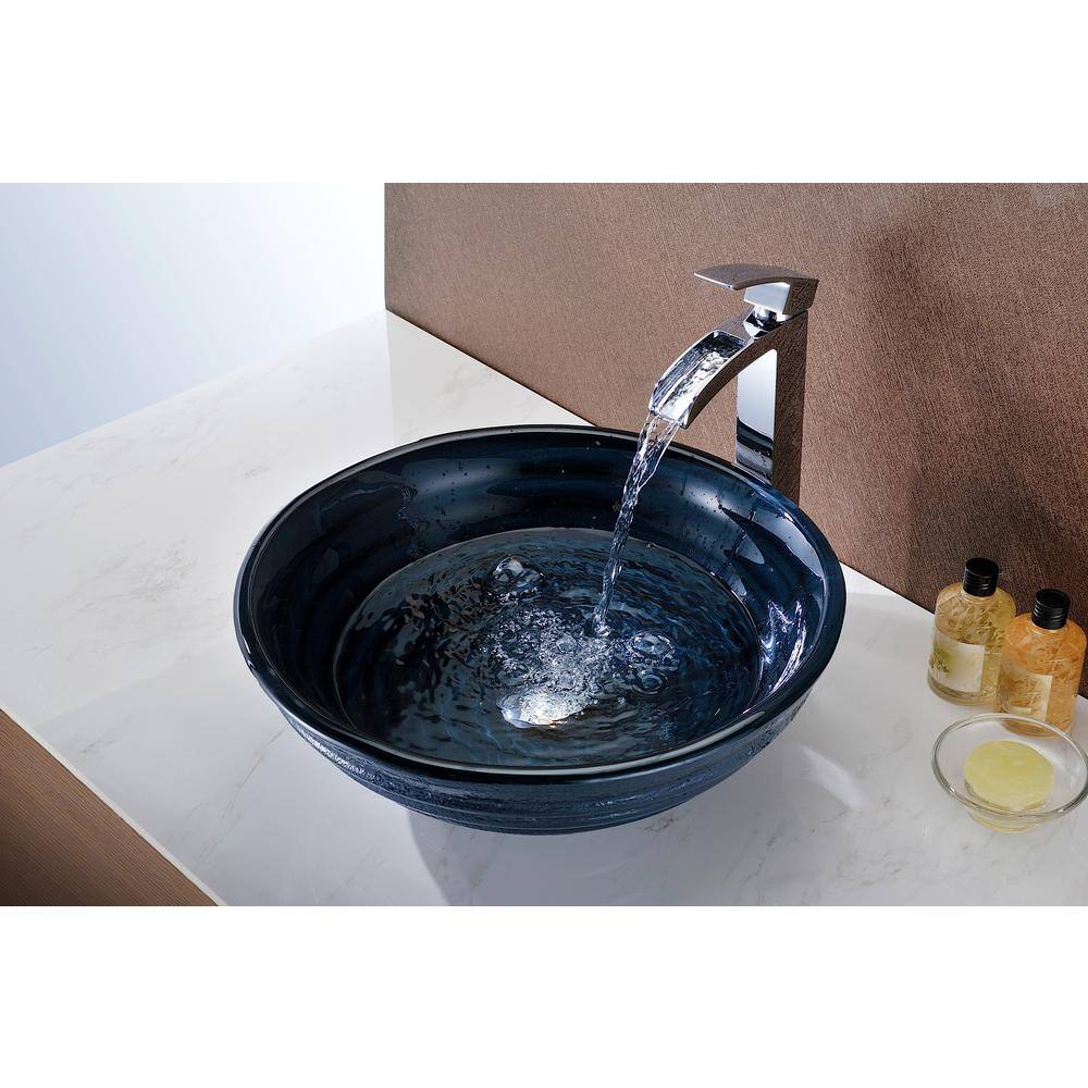 ANZZI Tempo Series Deco-Glass Vessel Sink, Coiled/Lustrous Blue, 16.75 in. Round with Pop-Up Drain