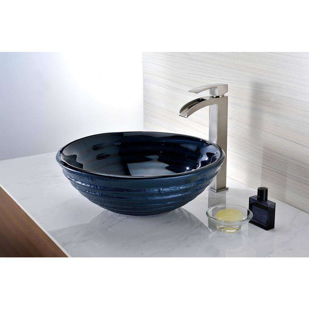 ANZZI Tempo Series Deco-Glass Vessel Sink, Coiled/Lustrous Blue, 16.75 in. Round with Pop-Up Drain