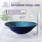 ANZZI Key Series Deco-Glass Vessel Sink in Lustrous Blue and Black, 17.25 in. Round