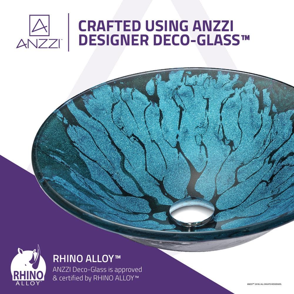 ANZZI Key Series Deco-Glass Vessel Sink in Lustrous Blue and Black, 17.25 in. Round