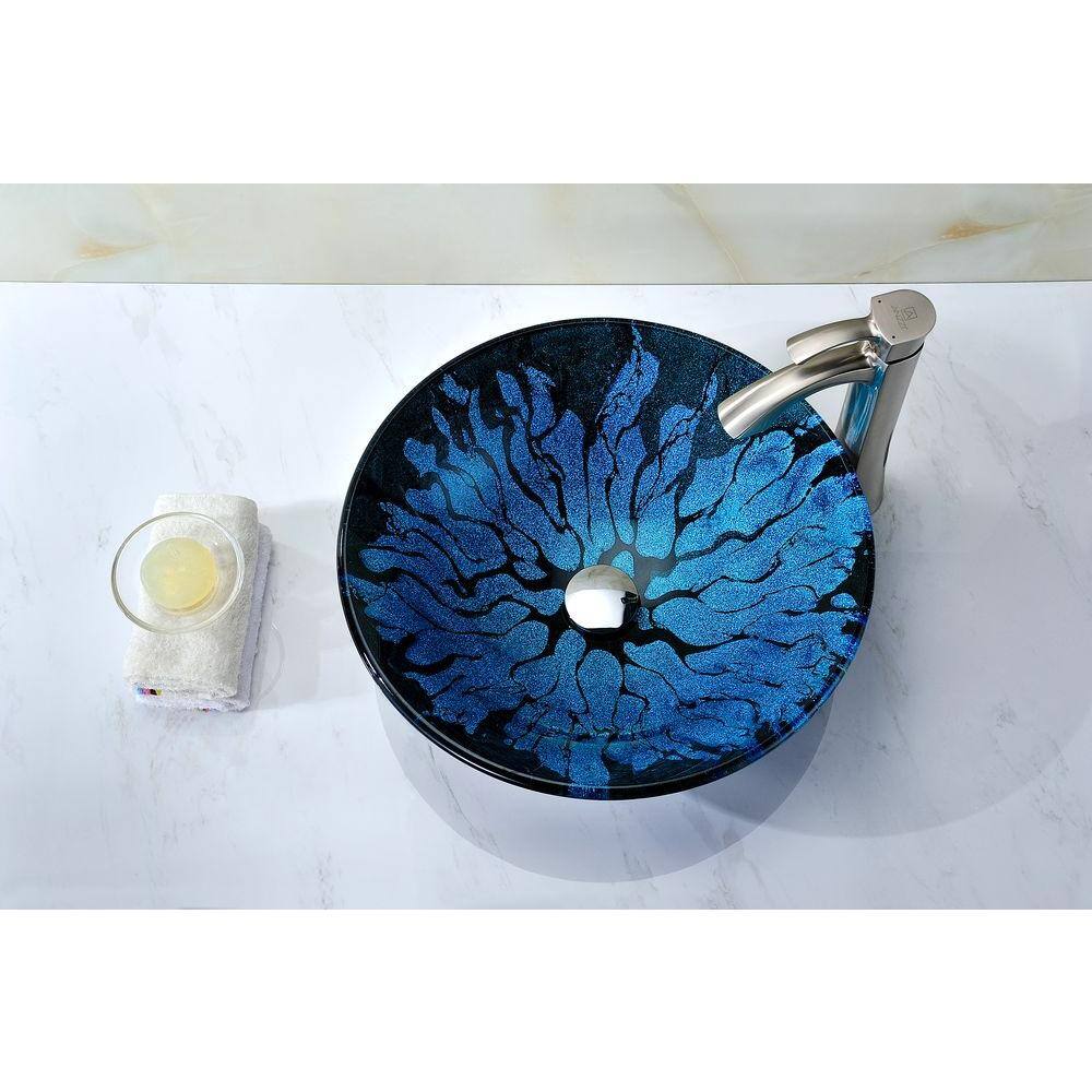 ANZZI Key Series Deco-Glass Vessel Sink in Lustrous Blue and Black, 17.25 in. Round