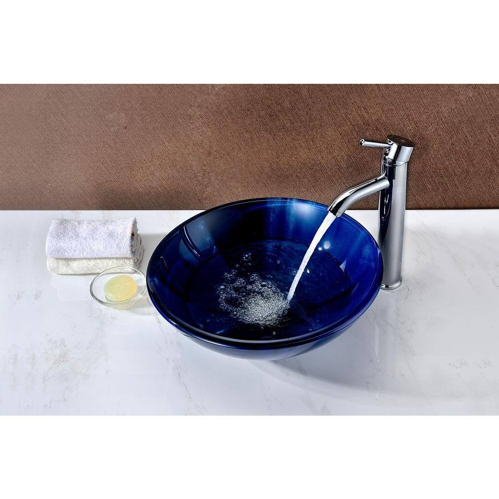 ANZZI Meno Series Deco-Glass Bathroom Vessel Sink, Lustrous Blue, 16.5 in.