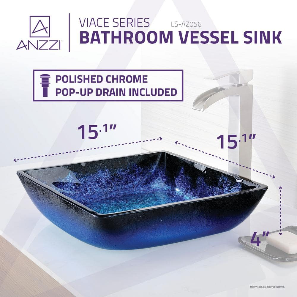 ANZZI Viace Series Deco-Glass Vessel Sink, 15.1 in x 15.1 in x 4 in, Blazing Blue