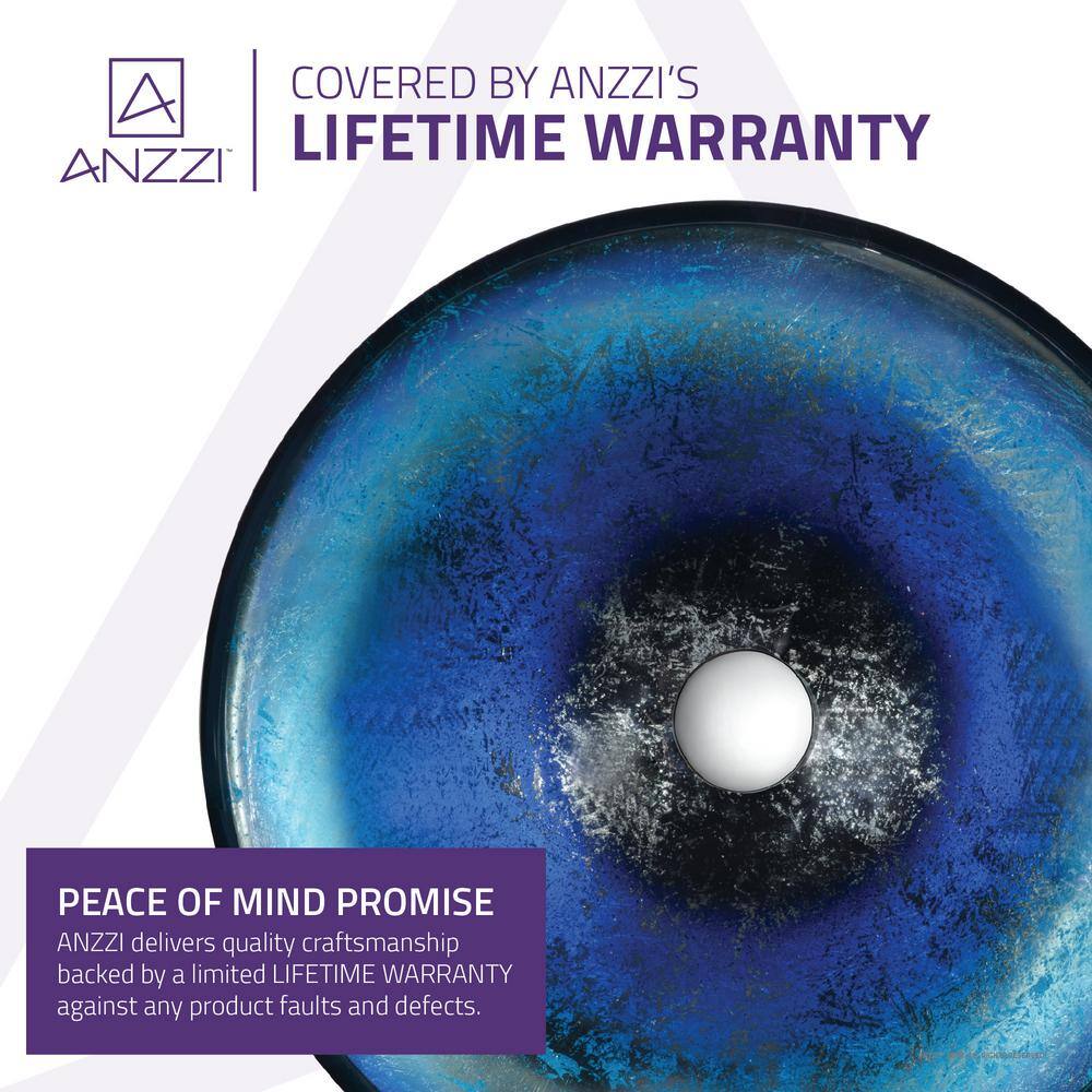 ANZZI Chilasa Series 16.5 in. Round Blue Glass Bathroom Vessel Sink with Chrome Pop-Up Drain