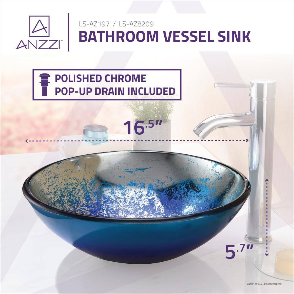 ANZZI Chilasa Series 16.5 in. Round Blue Glass Bathroom Vessel Sink with Chrome Pop-Up Drain