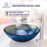 ANZZI Chilasa Series 16.5 in. Round Blue Glass Bathroom Vessel Sink with Chrome Pop-Up Drain