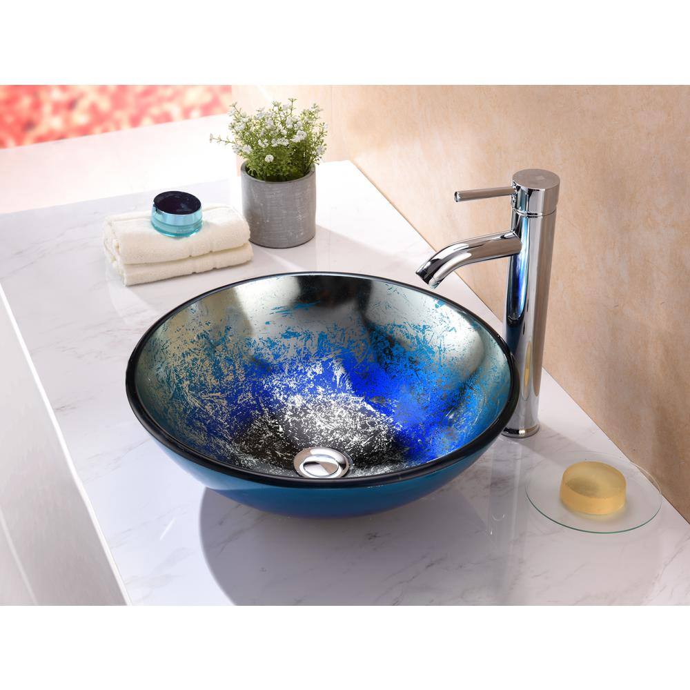 ANZZI Chilasa Series 16.5 in. Round Blue Glass Bathroom Vessel Sink with Chrome Pop-Up Drain